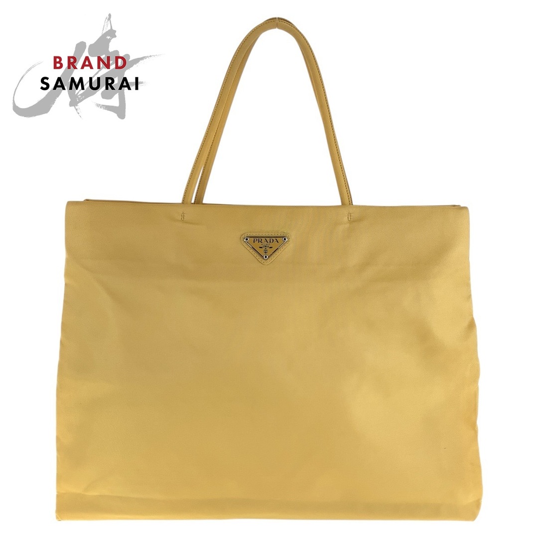 美品 PRADA プラダ テスート 三角ロゴプレート イエロー シルバー金具 ナイロン トートバッグ ショルダーバッグ レディース 500430