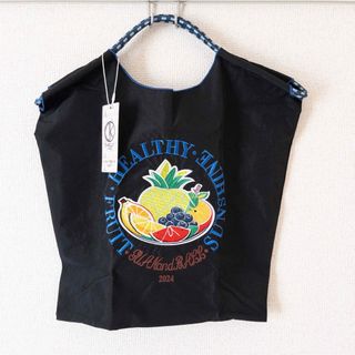 【新品未使用】可愛い 刺繍 トートバッグ 果物 エコバッグ 黒 ブラック(トートバッグ)