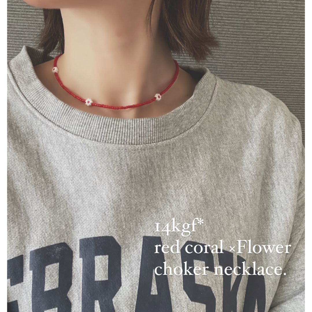 SALE‼️14kgf*ミルフィオリフラワーと赤珊瑚のチョーカーネックレス ハンドメイドのアクセサリー(ネックレス)の商品写真