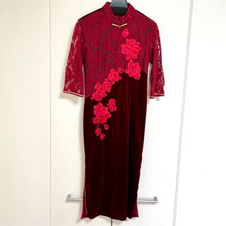 送料込 チャイナドレス 中国 本場 レース 赤 ベロア 正装 漢服 ドレス 刺繍(その他ドレス)