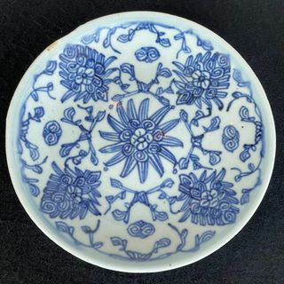 中国 古玩 南京 美術 清朝 乾隆期 蘇鉄 向日葵 唐草 古染付 青花 平中皿D(陶芸)