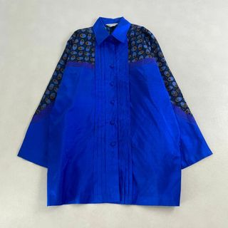 長袖ブラウス　シルク　希少デザイン　フリル　青　丈長い　お洒落　レア　絹(シャツ/ブラウス(長袖/七分))