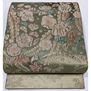 絹 袋帯【辻が花】膨れ 金通し 沙羅双樹 抹茶色 グラデーション お太鼓柄(帯)