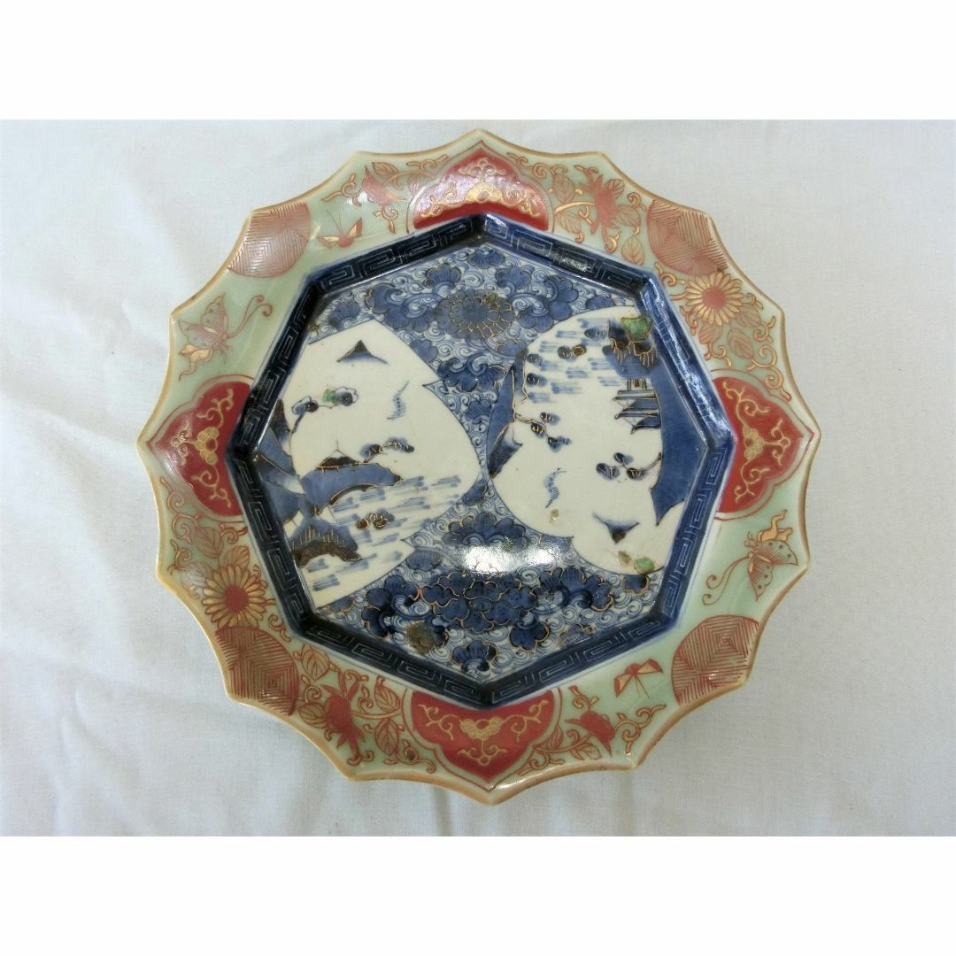 【多角型皿　星様型　山水花蝶紋 染付赤絵金彩　鑑賞陶磁器 】◆伊万里　皿　壺　鉢