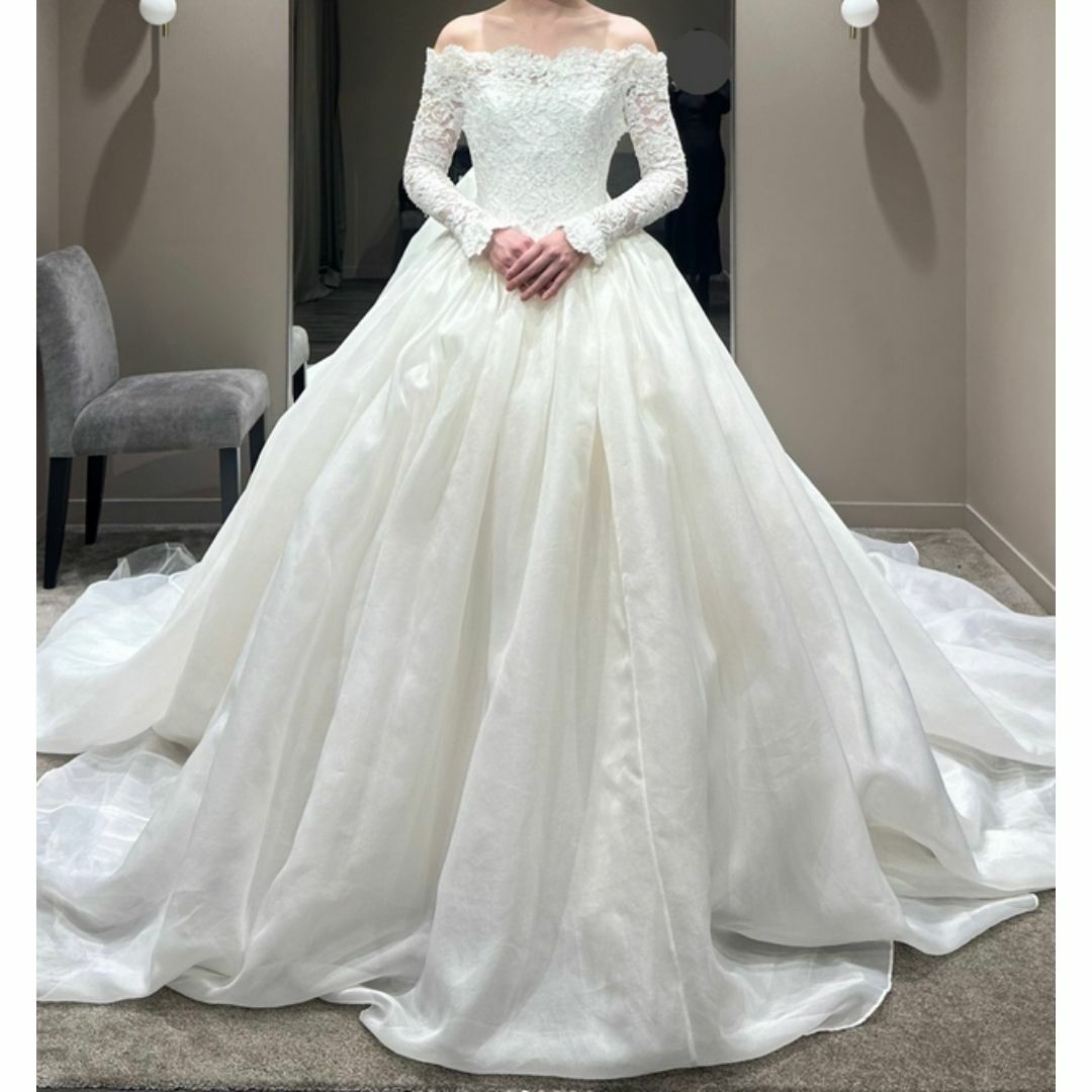 ウエディングドレス オフショルダー 美しい花レース 長袖 ロングトレーン 結婚式