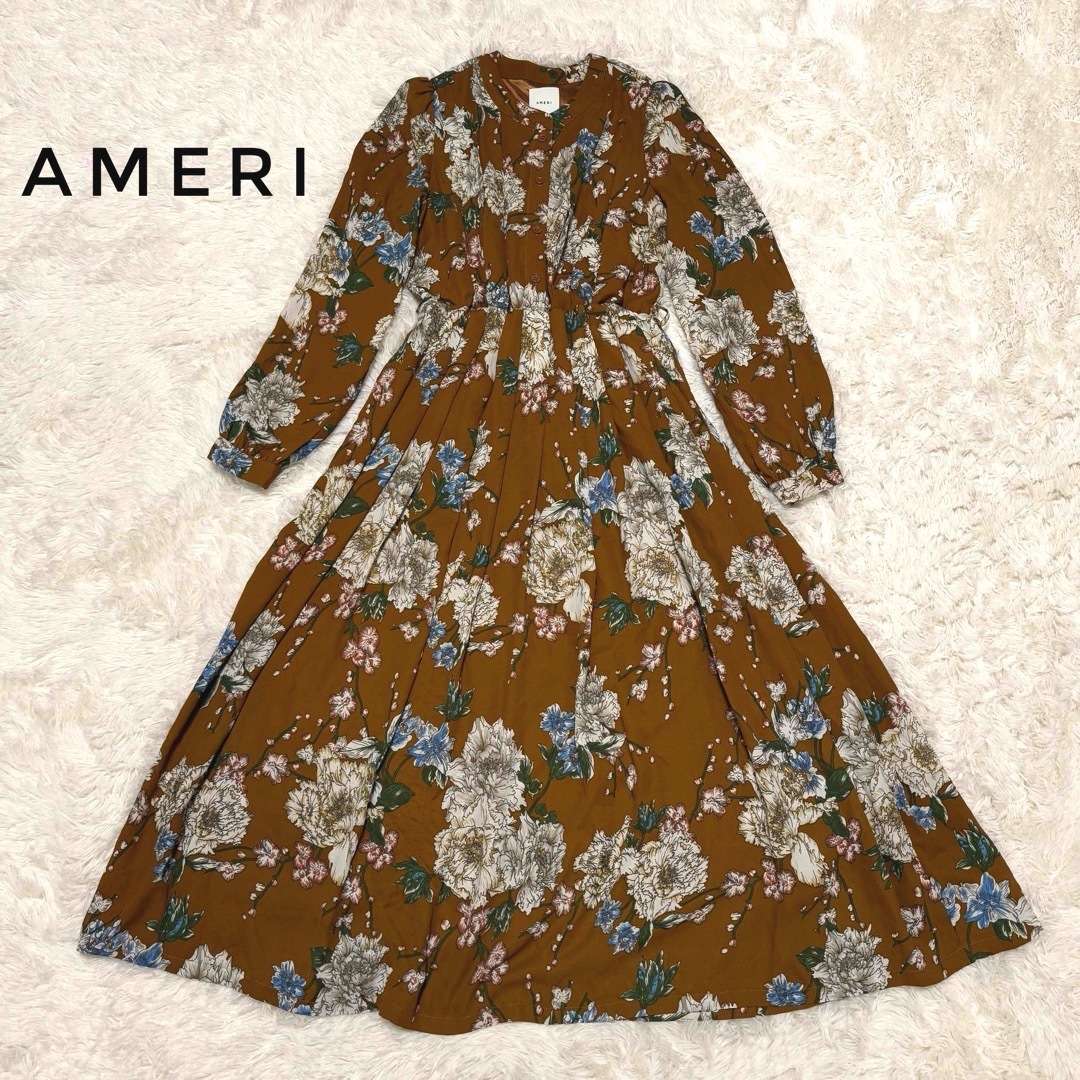 Ameri VINTAGE - AMERI アメリ 花柄 ブラウン ロングワンピース Ameri VINTAGE - AMERI アメリ 花柄 ブラウン ロングワンピース