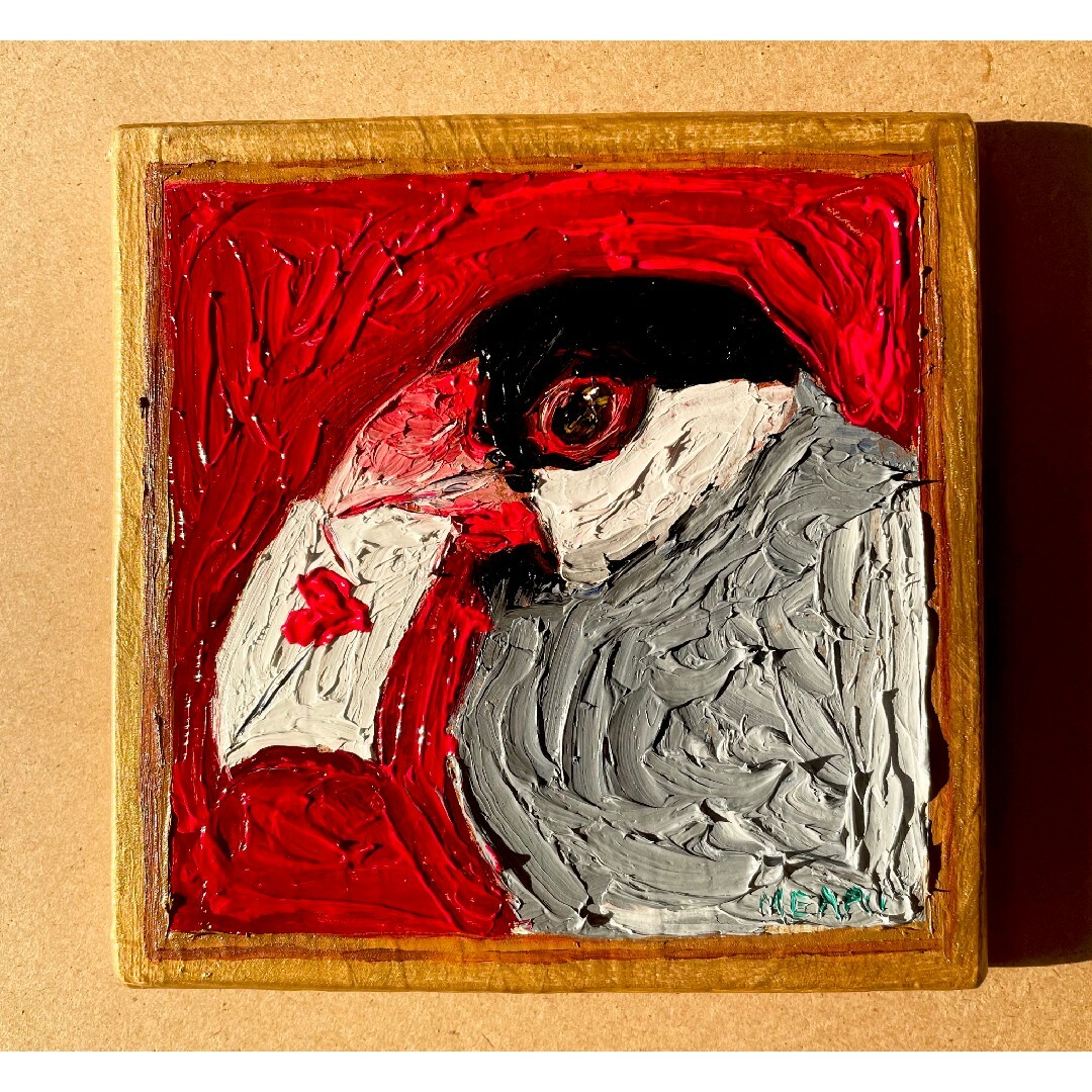 文鳥のラブレター　油絵　原画　ミニ絵画　オリジナル