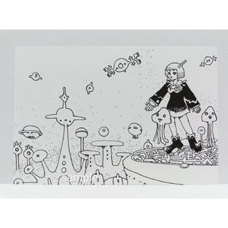 オリジナルイラスト 手描きイラスト 星 宇宙人 絵 モノクロ アート 自作 原画