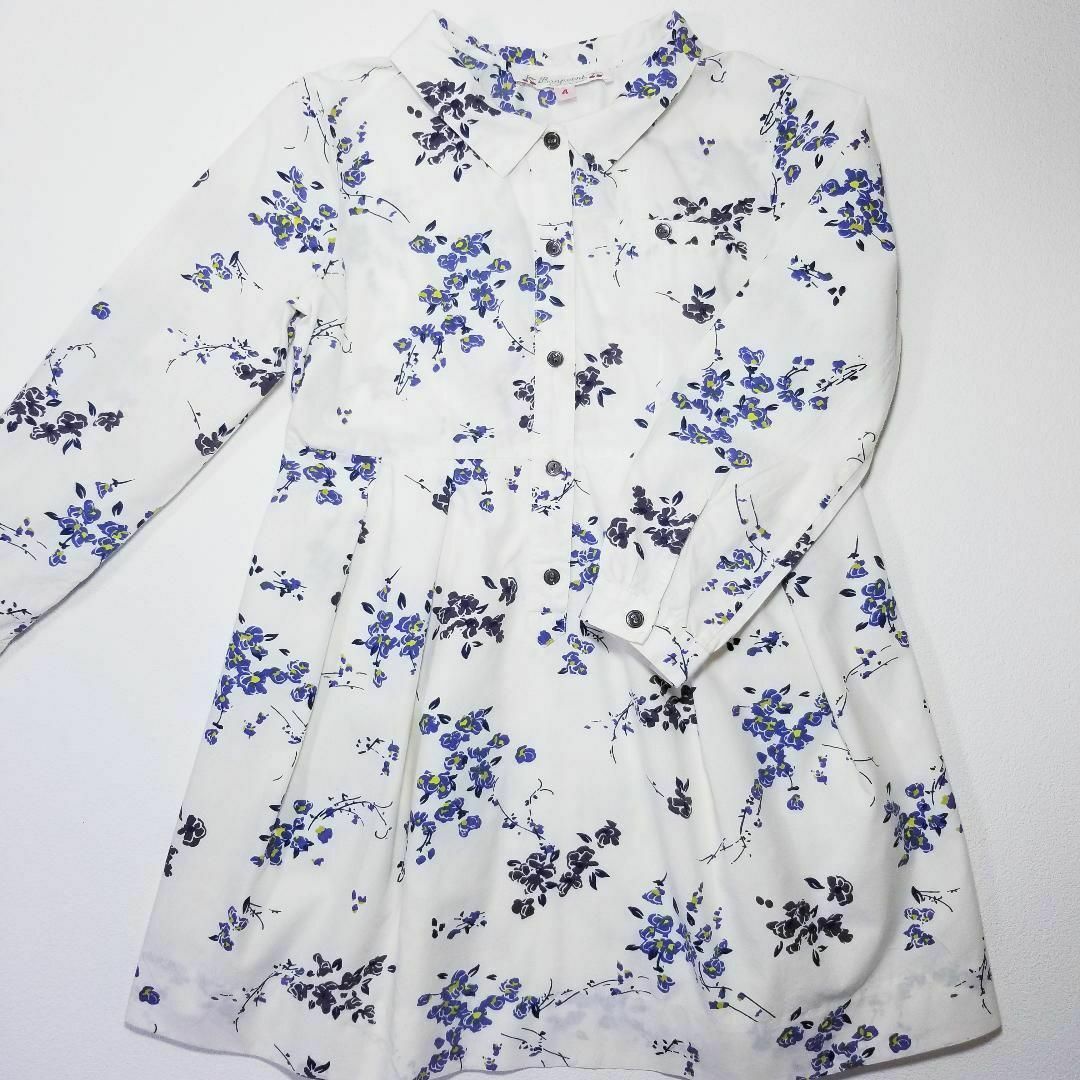 3551 【美品】 ボンポワン 110 ワンピース 白 花 リバティ 青 3551 【美品】 ボンポワン 110 ワンピース 白 花 リバティ 青