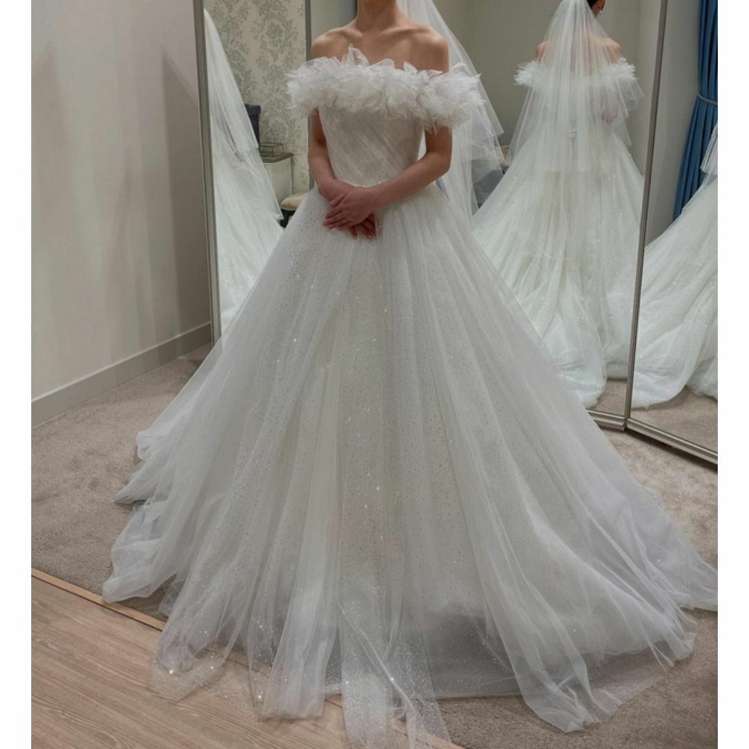 ウェディングドレス 取り外しオフショルダー キラキラチュール Aライン 結婚式
