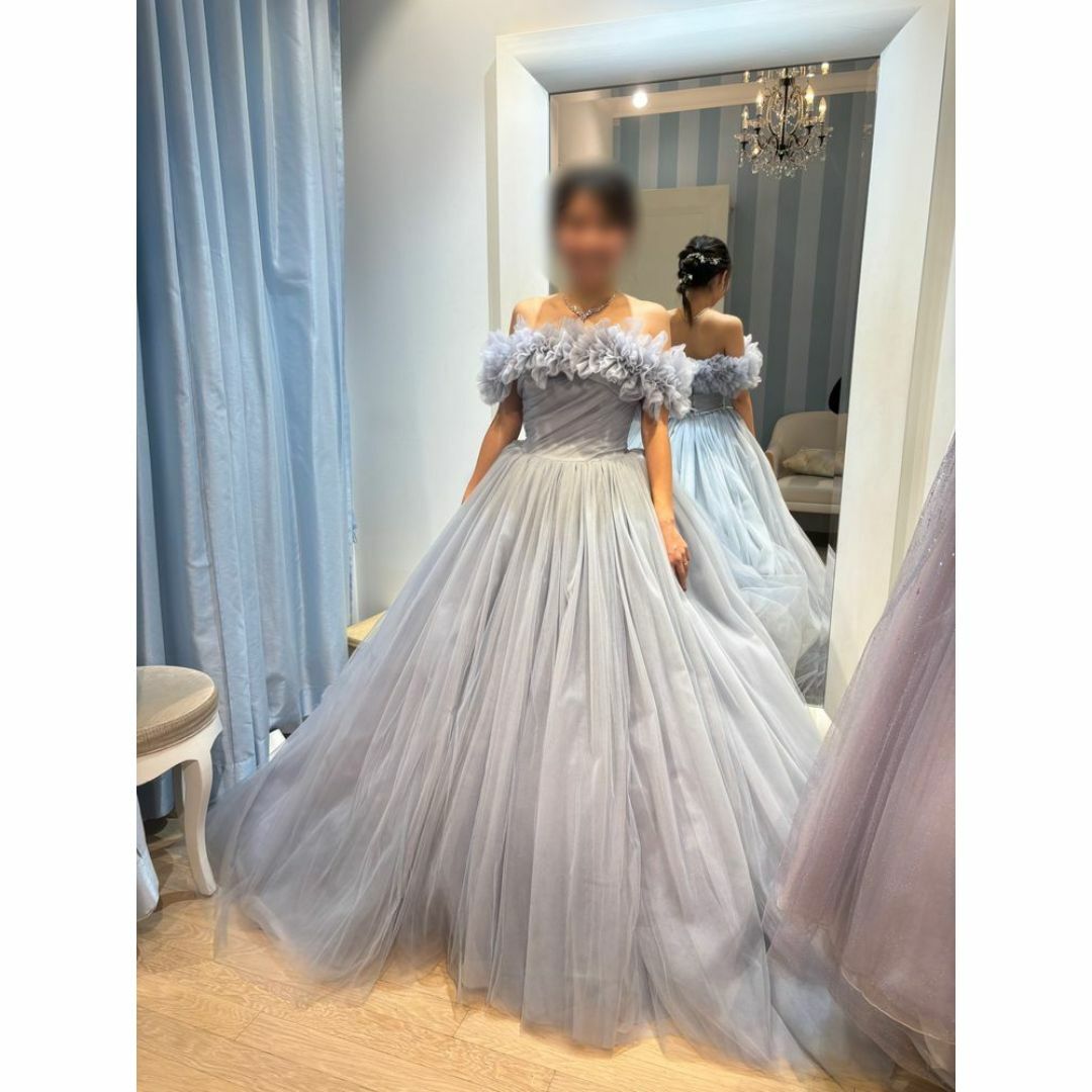 ライトブルー カラードレス オフショルダー Aライン ソフトチュール 花嫁