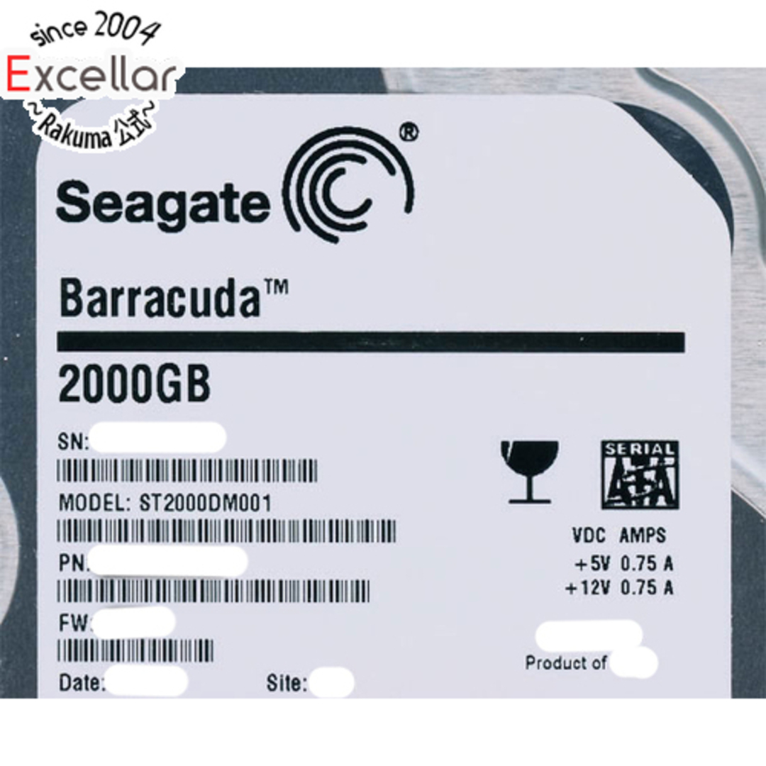 SEAGATE(シーゲイト)のSEAGATE製HDD ST2000DM001 2TB SATA600 7200 0~100時間以内 スマホ/家電/カメラのPC/タブレット(PC周辺機器)の商品写真