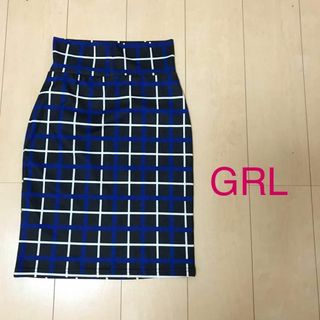 グレイル(GRL)の【0332】GRL 膝丈 チェック タイト スカート L ブラック(ひざ丈スカート)