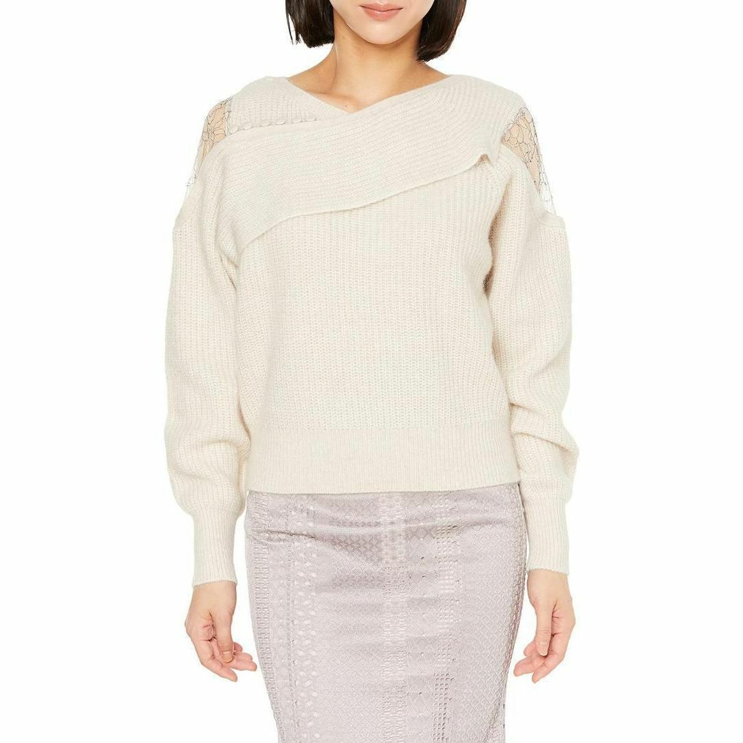 Lily Brown(リリーブラウン)のリリーブラウン 黒　F ショルダーレースレイヤードニットトップス ニット　新品 レディースのトップス(ニット/セーター)の商品写真