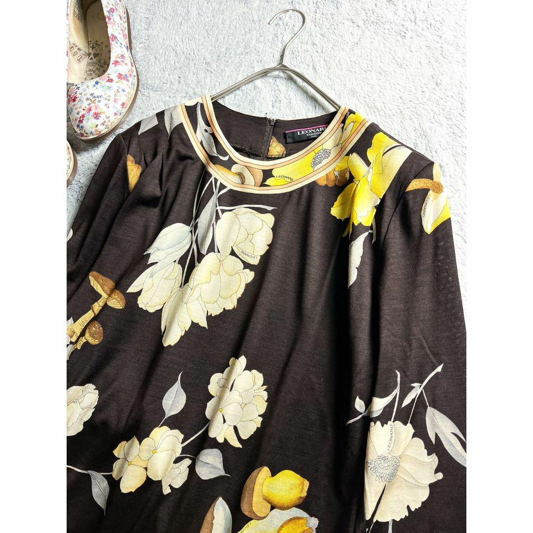 LEONARD】レオナール ウールシルク混 花きのこ柄 トリム カットソー LEONARD】レオナール ウールシルク混 花きのこ柄 トリム カットソー