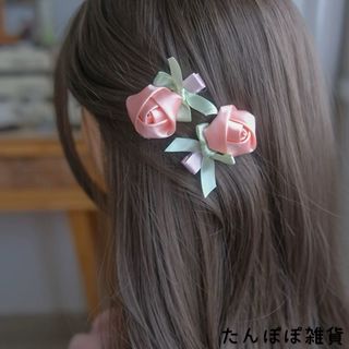 2個セット　バラ　ローズ　お花　フラワー　リボン　ヘアピン　ヘアクリップ　上品1(ヘアピン)