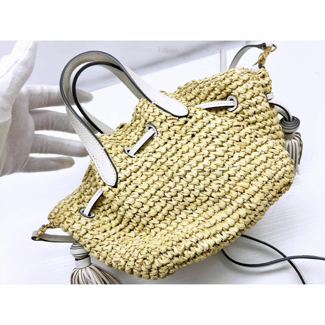 美品　アニヤハインドマーチ　ラフィア　ドローストリング　トート　ショルダーバッグ 美品アニヤハインドマーチラフィアドローストリングトートショルダーバッグ