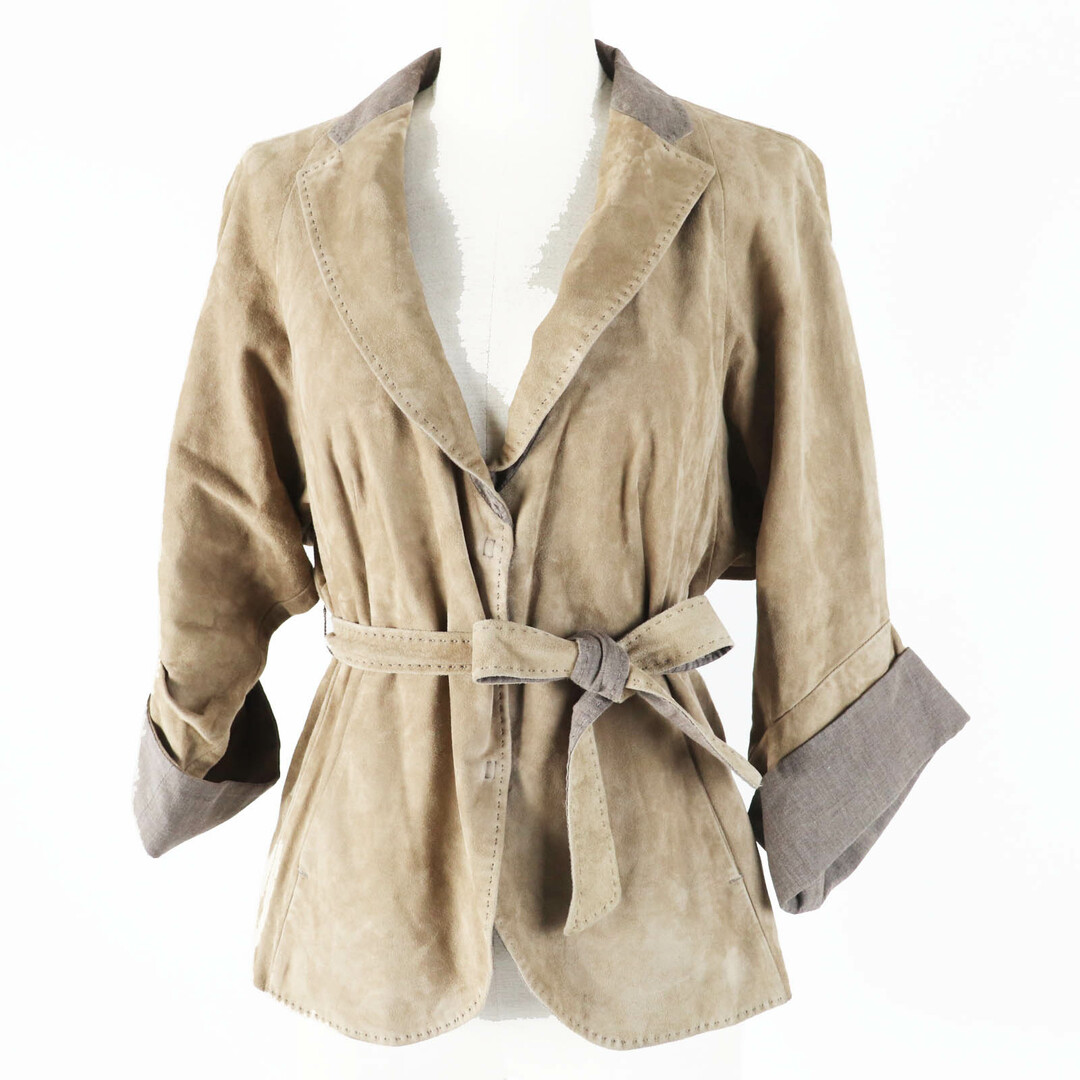 BRUNELLO CUCINELLI - 美品◎Brunello Cucinelli ブルネロクチネリ ベルト付き ヌバックレザー ジャケット ベージュ系 44 イタリア製 レディース