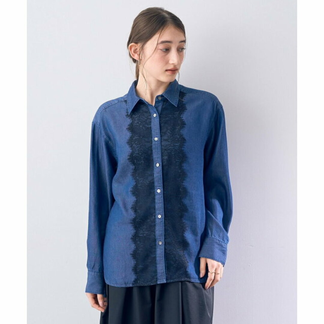 YECCA VECCA(イェッカヴェッカ)の【ダークインディゴ】レースMIXデニムシャツ レディースのトップス(シャツ/ブラウス(長袖/七分))の商品写真