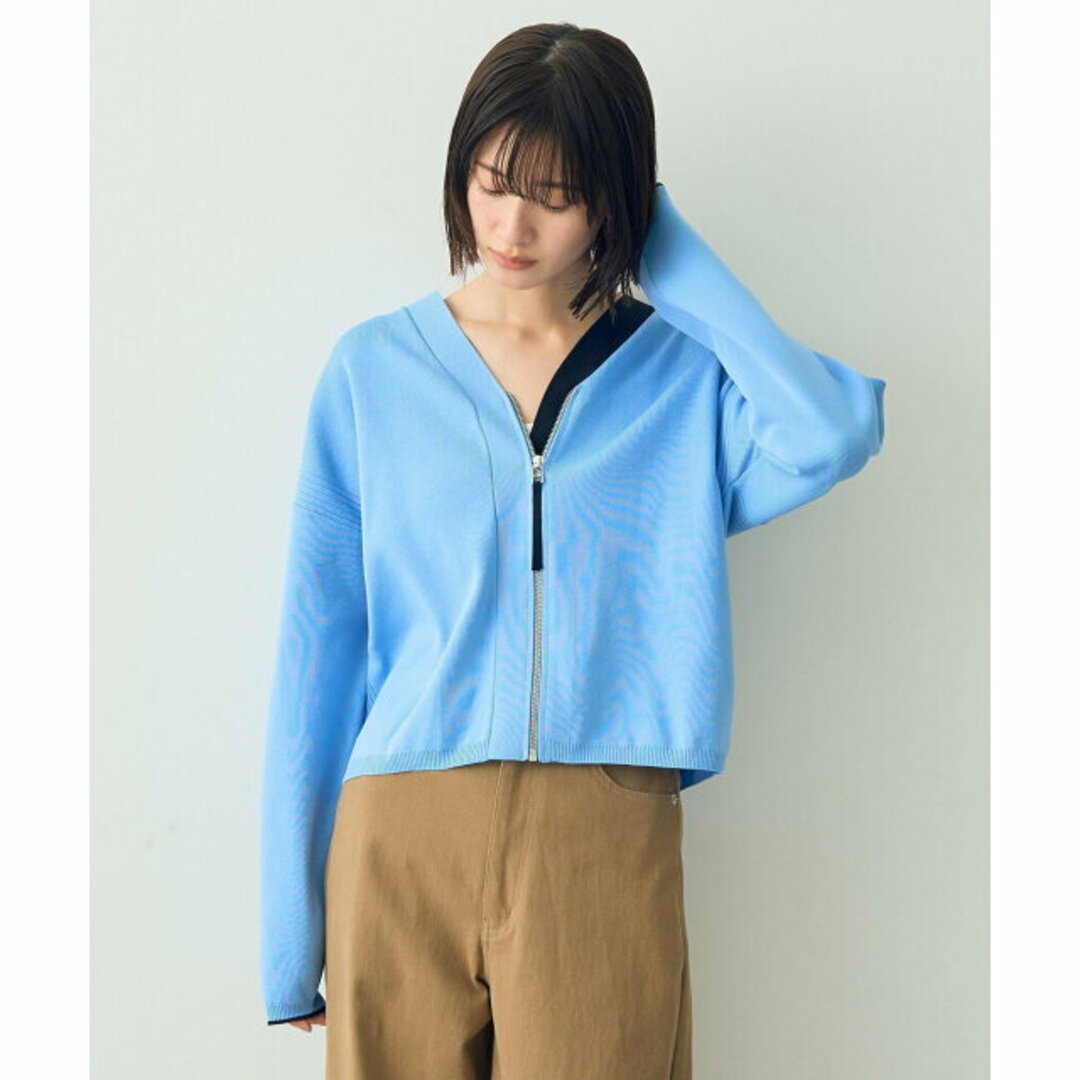 YECCA VECCA(イェッカヴェッカ)の【サックスブルー】配色VネックZIPカーディガン レディースのトップス(カーディガン)の商品写真