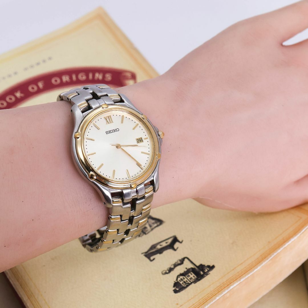 稼働 SEIKO 腕時計 ゴールド文字盤 デイト 新品電池 ステンレス 733