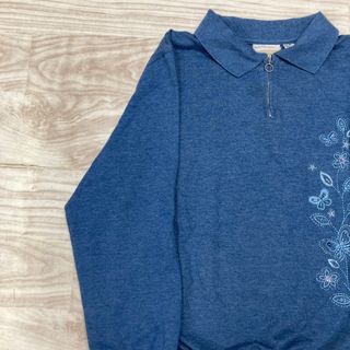 【alfred dunner】襟付き　ハーフジップ　刺繍　トレーナー　２Xサイズ(トレーナー/スウェット)
