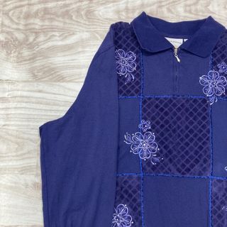 【alfred dunner】襟付き　ハーフジップ　刺繍　トレーナー　3Xサイズ(トレーナー/スウェット)