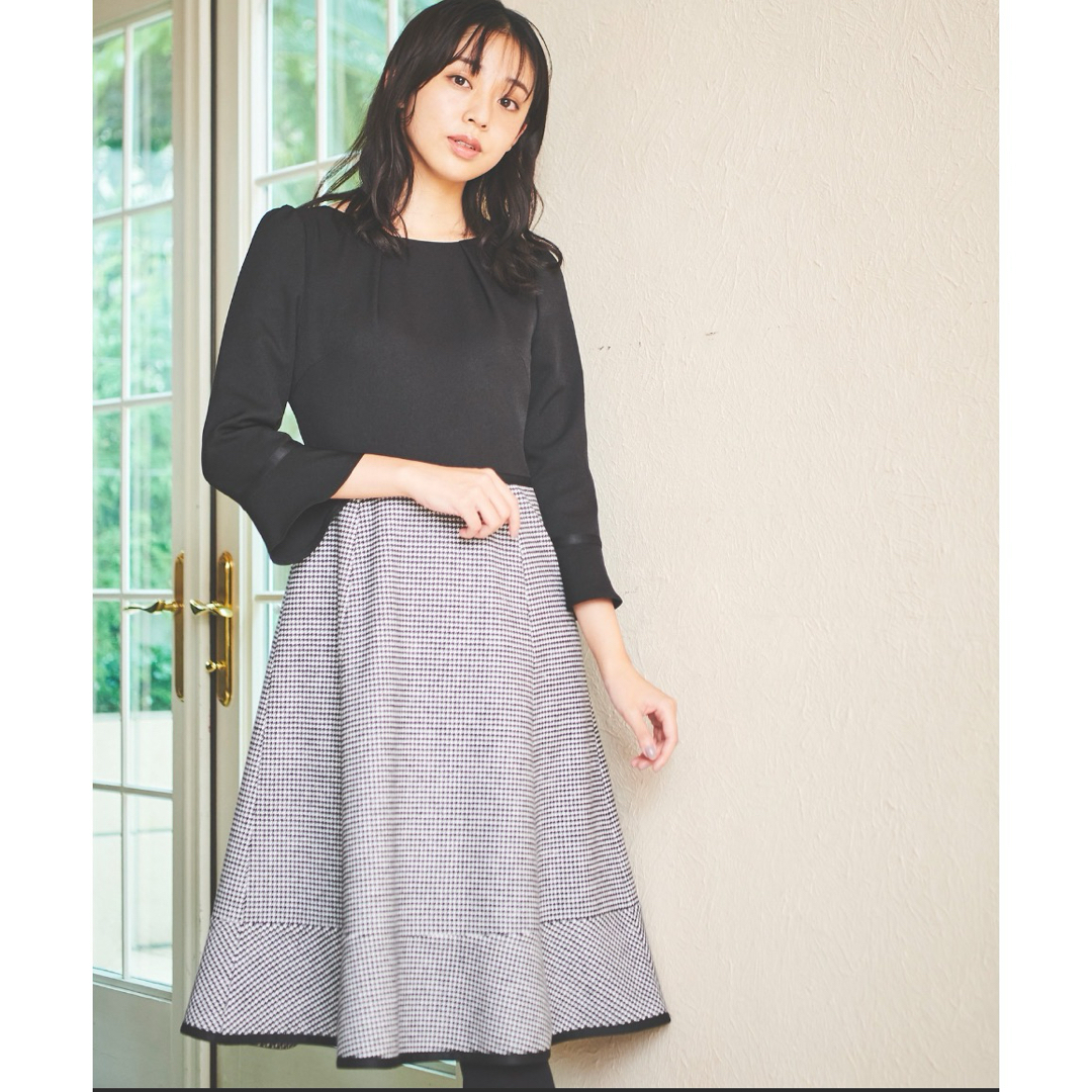 レッセパッセ 千鳥格子 ドッキングワンピース 黒 モノトーン レッセパッセ 千鳥格子 ドッキングワンピース 黒 モノトーン