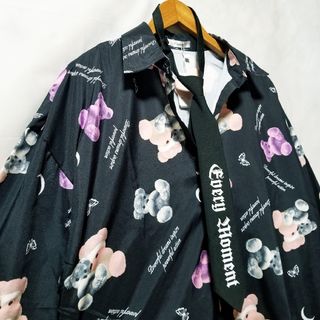 新品 地雷 原宿 包帯 黒 地雷系 くま柄 長袖シャツ L 総柄 レディース(シャツ/ブラウス(長袖/七分))