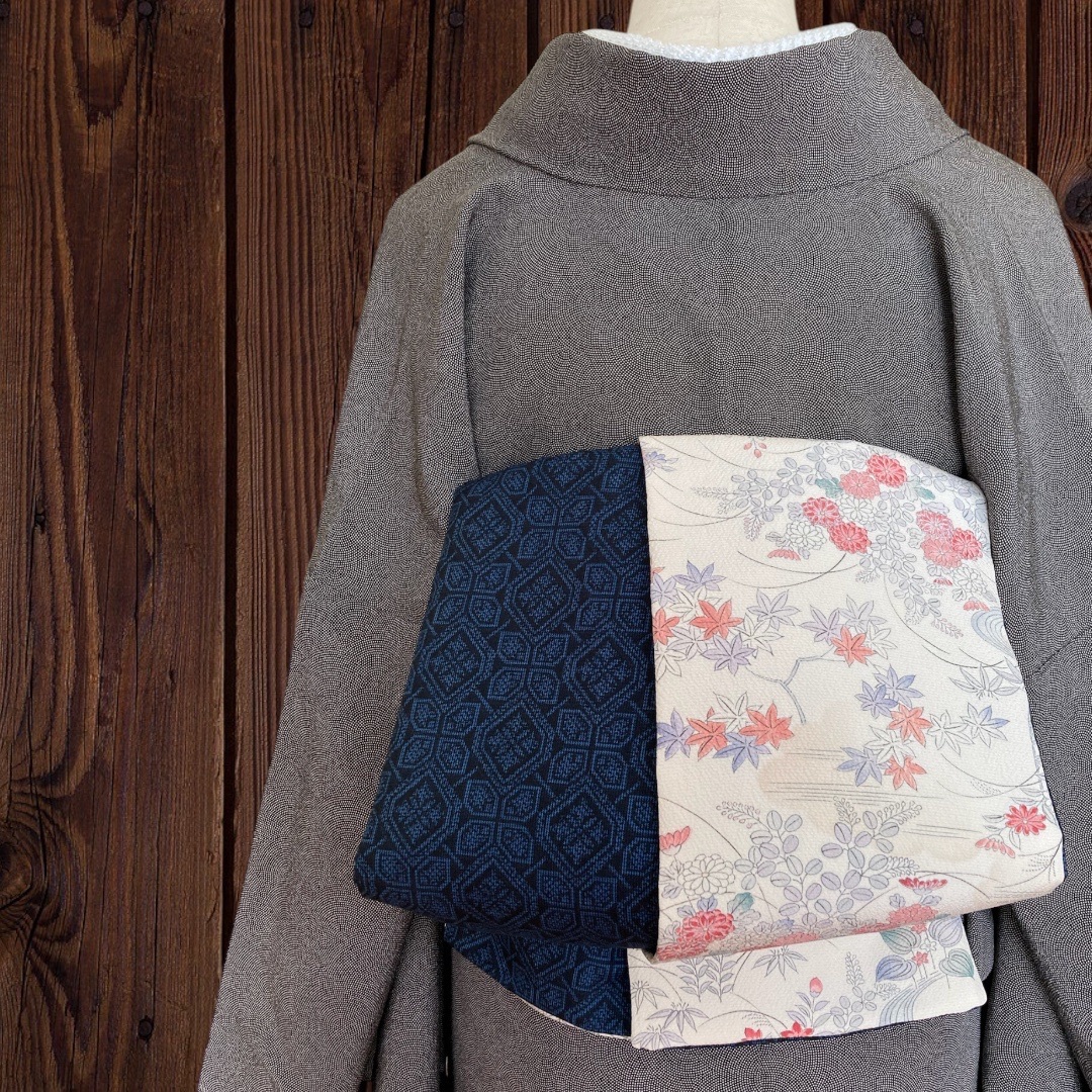 *着物反物*　 縮緬花籠と藍色紬　大人の兵児帯　半幅帯　長尺460　ハンドメイド