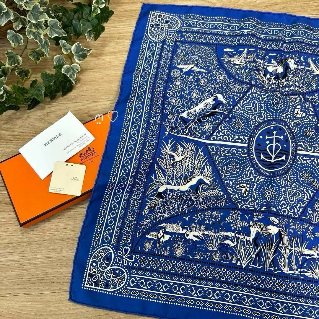 HERMES - HERMESエルメス カレ55 空と海の間 バンダナ柄 シルク HERMES - HERMESエルメス カレ55 空と海の間 バンダナ柄 シルク