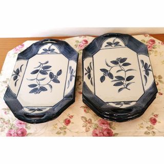 陶器製　持ち手付き八角皿　５枚組　盛り皿　角皿　和食皿　(食器)