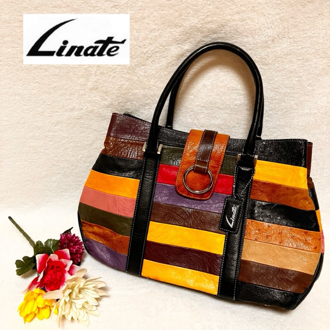 Linate マルチカラー ストライプ ハンドバッグ オーストリッチ/牛革