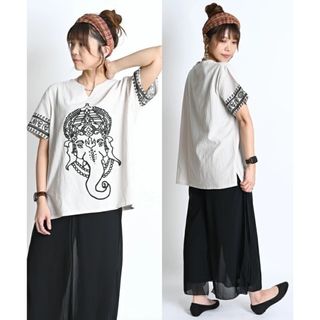 ラスト１点　アジアン　Tシャツ　エスニック　キーネック　ホワイト　白　2XL(Tシャツ(半袖/袖なし))