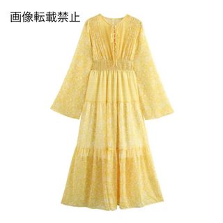 💋2月新作💄16378◆yellow フラワー 花柄 ロング ワンピース(ロングワンピース/マキシワンピース)