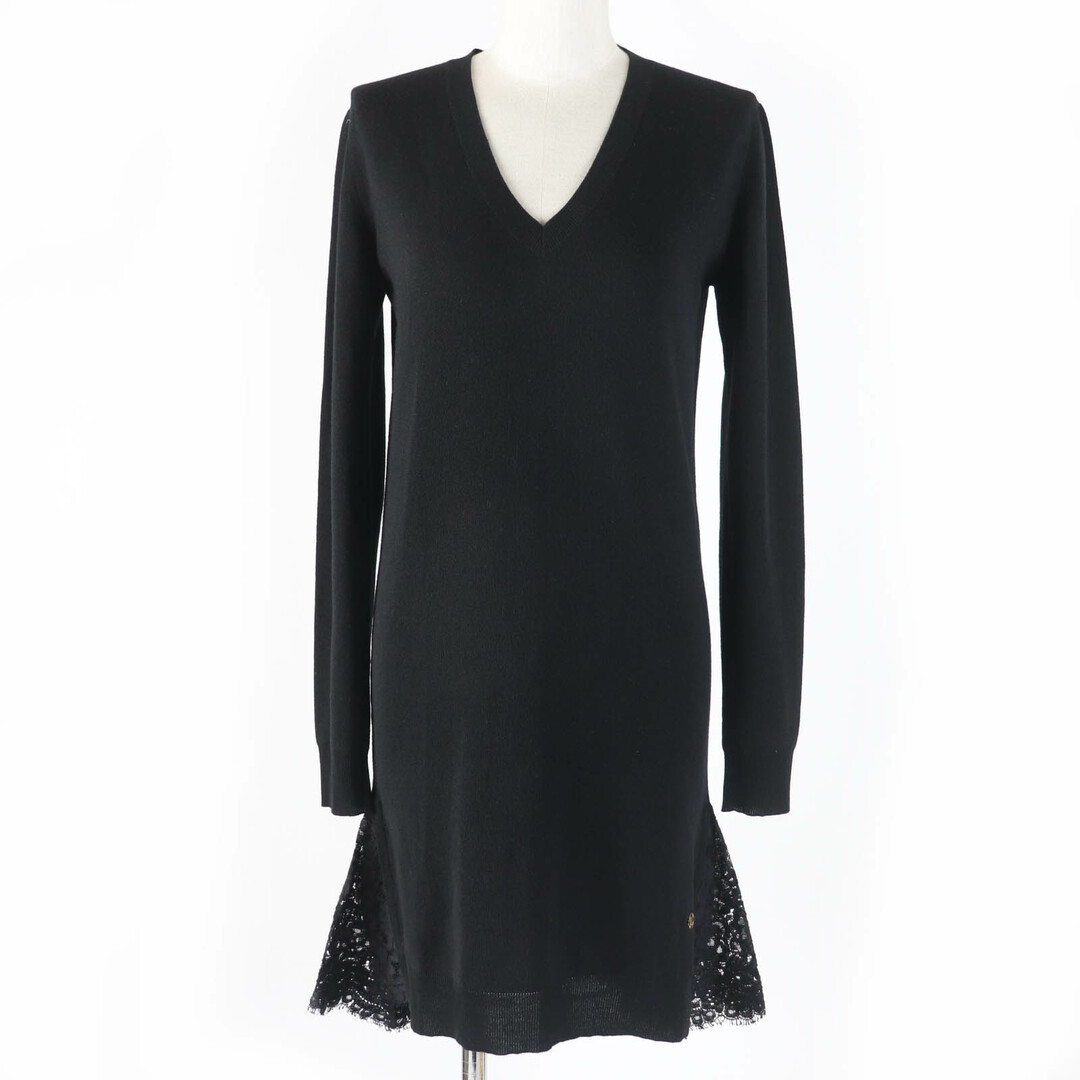 LOUIS VUITTON - 極美品☆LOUIS VUITTON ルイヴィトン ウール100％ LVロゴサークル金具 裾レース Vネック ニット ワンピース ブラック S イタリア製 正規品 レディース