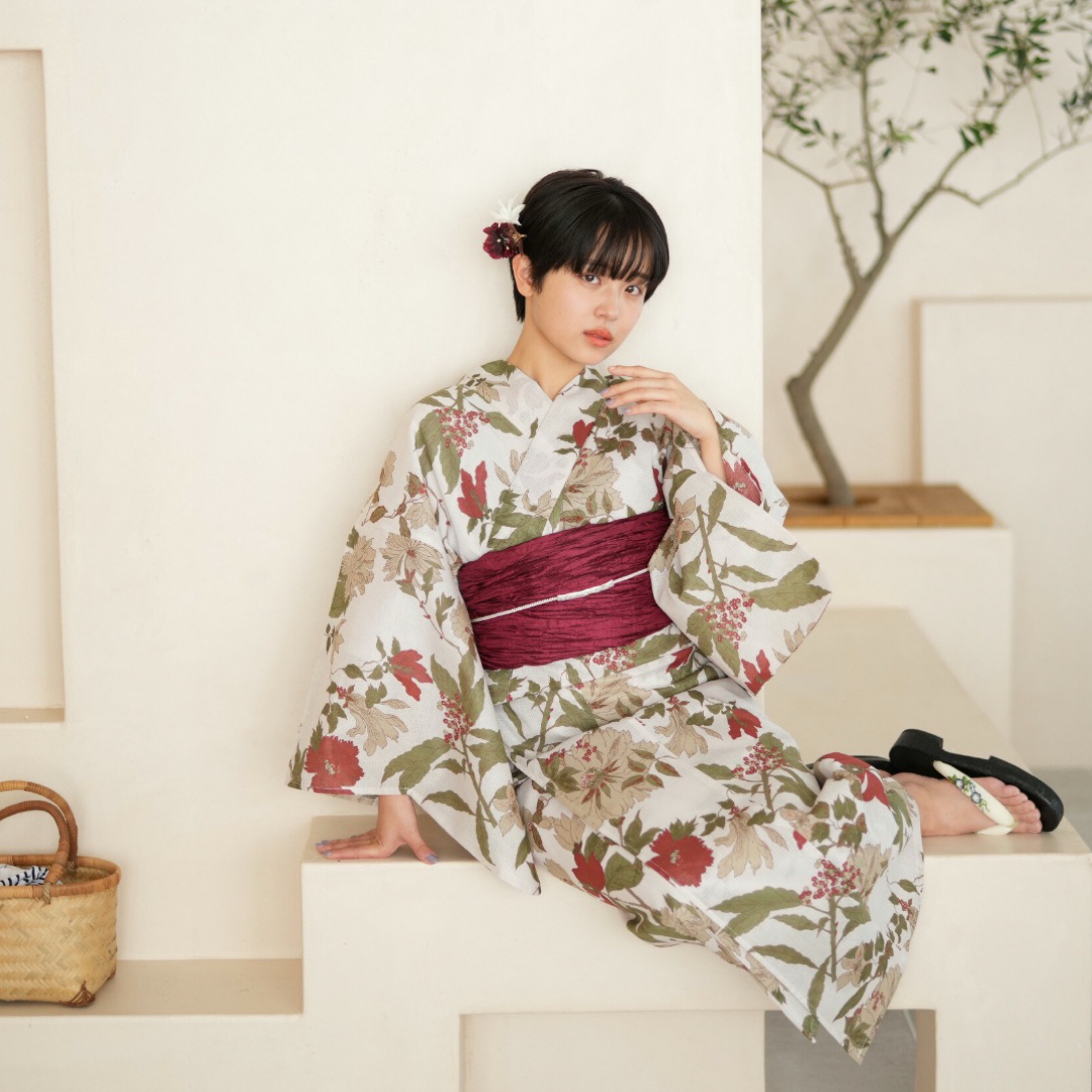 【在庫有】 ひよこ商店 高級変わり織 クリームに揺れるえんじ 浴衣3点セット 着物・浴衣
