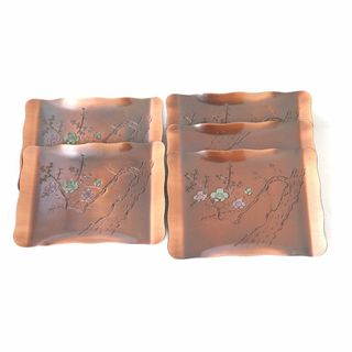 純銅製　銘々皿　象嵌入り　梅の彫金　５枚組　未使用品　美品 (金属工芸)