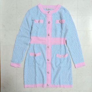 美品 バイカラー ニットワンピース L 水色 ピンク 配色 長袖 パステルカラー(ミニワンピース)