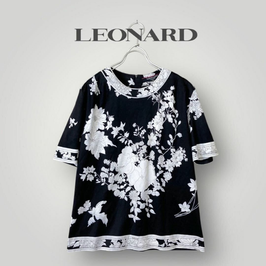 美品 レオナール LEONARD 花柄 カットソー Tシャツ 黒地 サイズ 美品 レオナール LEONARD 花柄 カットソー Tシャツ 黒地 サイズ