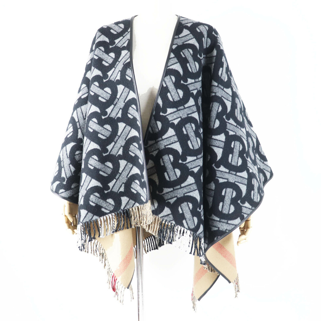 BURBERRY - 極美品◎BURBERRY バーバリー 8050888 ウール カシミヤ レザー使い TBモノグラム ケープ／ポンチョ ブラック グレー 140×140cm スコットランド製 正規品 レディース