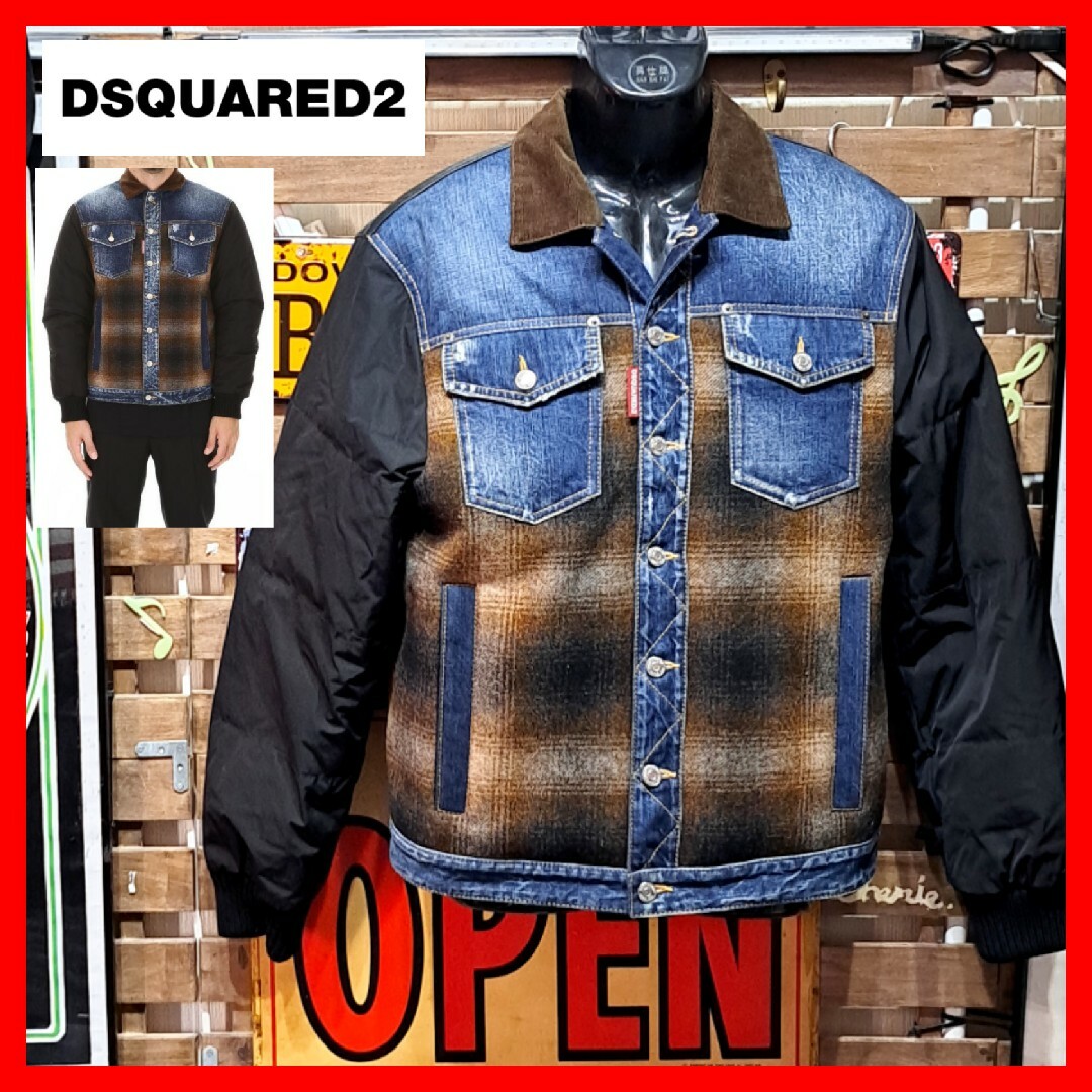 Dsquared2 デニム レザー チェック ドッキング ダウンジャケット 48 Dsquared2 デニム レザー チェック ドッキング ダウンジャケット 48