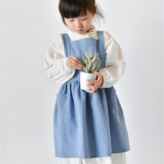 エプロン 子供用 キッズ 無地 北欧風 ブルー Mサイズ(その他)
