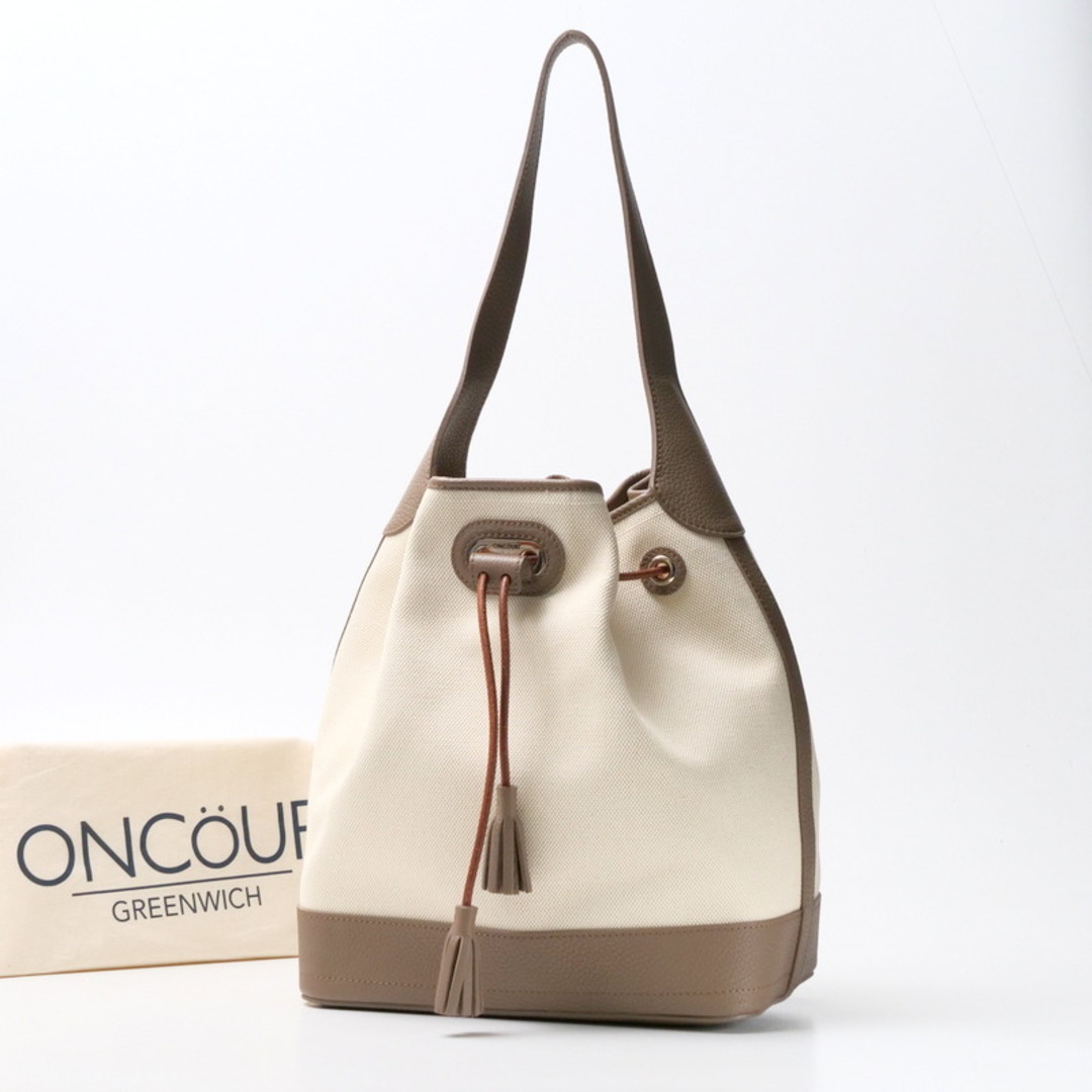 ONCOUR オンコアー ショルダーバッグ 巾着バッグ 鞄 キャンバス/カーフスキン アイボリー/グレージュ アメリカ製 ブランド古着【中古】20250218/RA3197