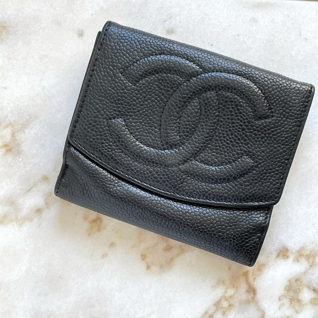 CHANEL シャネル キャビアスキン Wホック コンパクト財布 黒