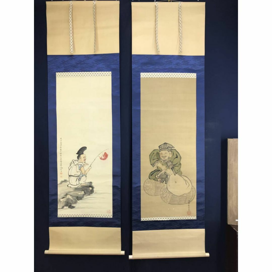真作/狩野永真安信/勝川春里/恵比寿大黒図双幅/掛軸☆宝船☆AG 真作/狩野永真安信/勝川春里/恵比寿大黒図双幅/掛軸☆宝船☆AG