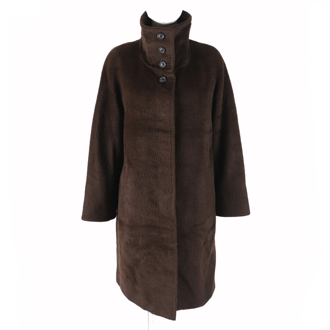 Max Mara - 極美品△Max Mara マックスマーラ 白タグ アルパカ ウール ロゴボタン スタンドカラー シャギーコート ロングコート ダークブラウン 38 イタリア製 レディース