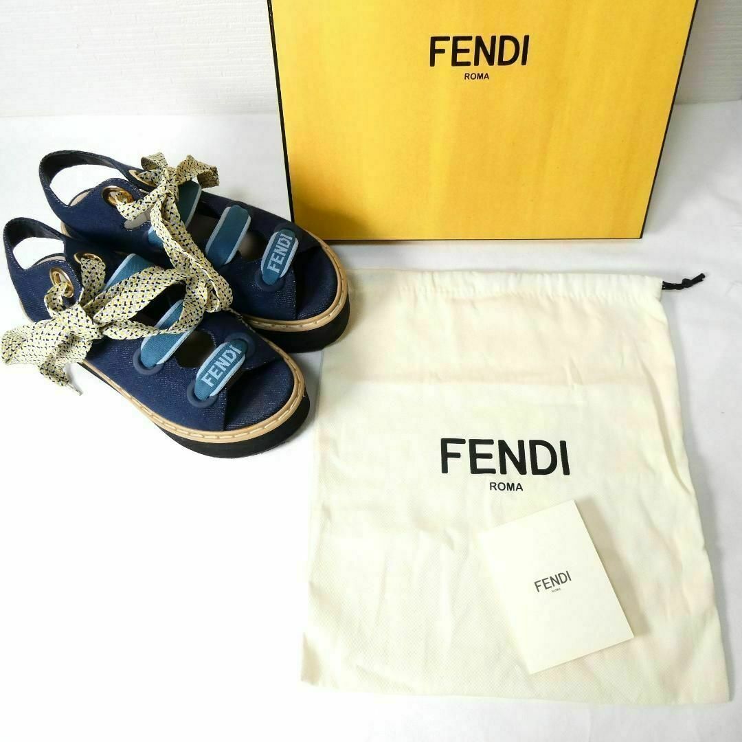 FENDI - 美品 FENDI ロゴ デニム リボン レースアップ 厚底 FENDI - 美品 FENDI ロゴ デニム リボン レースアップ 厚底