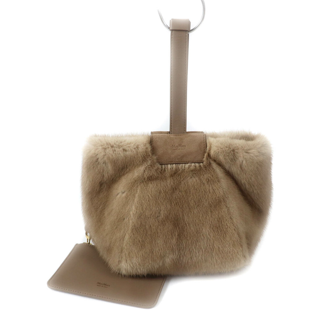 Max Mara - 極美品★Max Mara マックスマーラ ポーチ付 レザー使い ミンク ハンドバッグ 鞄 ライトブラウン 保存袋付き イタリア製 レディース