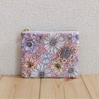 小さめ12cm　花柄　ミニフラットポーチ　小物入　ポケット　くすみピンク　394(ポーチ)